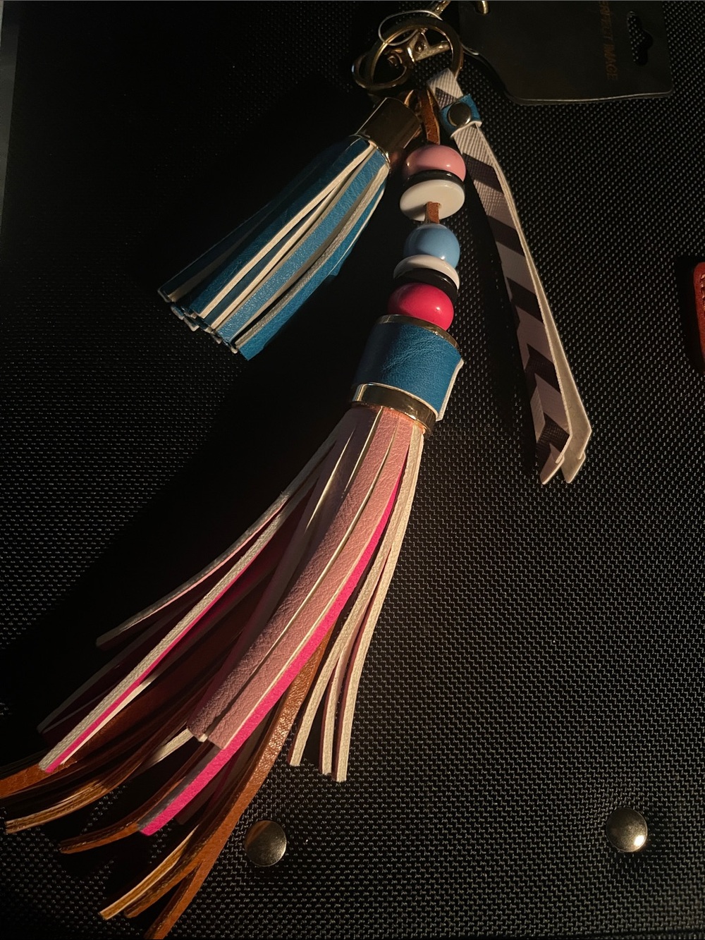 Colorblock faux Leather Tassel Keychain w/Bead Accent-Pink & Blue for luxe purse